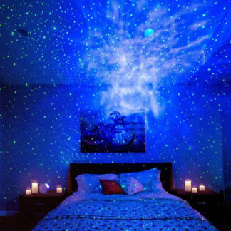 Aurora and nebula galaxy lights are projected onto the ceiling of a bedroom