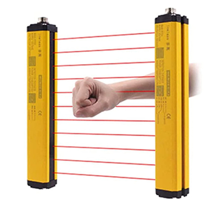 CGoldenwall safety light curtain is displayed with several beams crossing between two sticks and a hand passing through the red beams