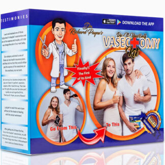 A do it yourself vasectomy kit box is displayed with two couples displayed before and after the vasectomy.