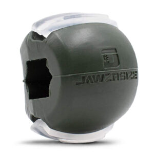 Jawzrsize Jawline Shape Exerciser is displayed on its own as a spherical plastic object with two openings above and below the sphere where you bite and a circular opening in the middle to put a rope through as a hanger on your neck.