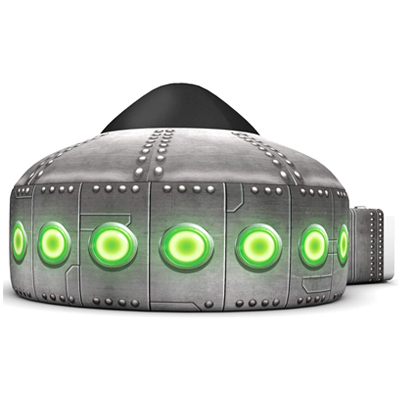 An inflatable air fort in the shape of a UFO with green lights around its sides is presented in the picture.
