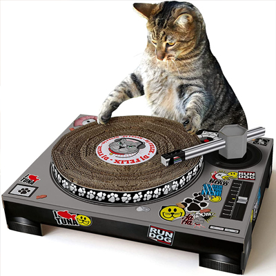 A DJ deck and a scratching cat board on it in a disc shape is displayed while a cat is scratching it.