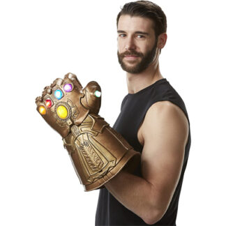 An athletic man wearing the golden Infinity Gauntlet from Marvel Legends series.