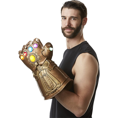 An athletic man wearing the golden Infinity Gauntlet from Marvel Legends series.