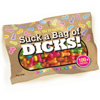 A bag of dick shaped colorful candies is represented in a package of 100+.