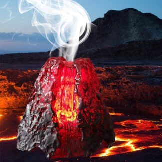An essential oil diffuser in the shape of a reeching volcano is displayed in front of a lava scenery as a great fun decor.