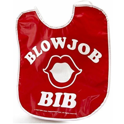 A red bib is displayed which writes Blowjob Bib with white letters and an open mouth symbol is printed in the middle of it.