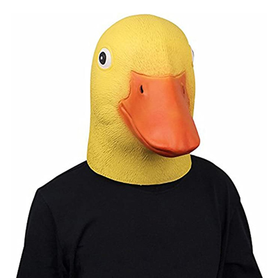 A person is wearing a latex duck mask of yellow and orange colors.