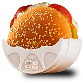 A burger holder which covers the bottom half of a burger is shown in the picture. The burger holder grabs and isolates the bottom of the burger preventing it from spilling any liquids on your cloth.