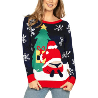 A women wears a funny Christmas sweater where Santa is placing a present under a tree while his back is opened and a thong is revealed.