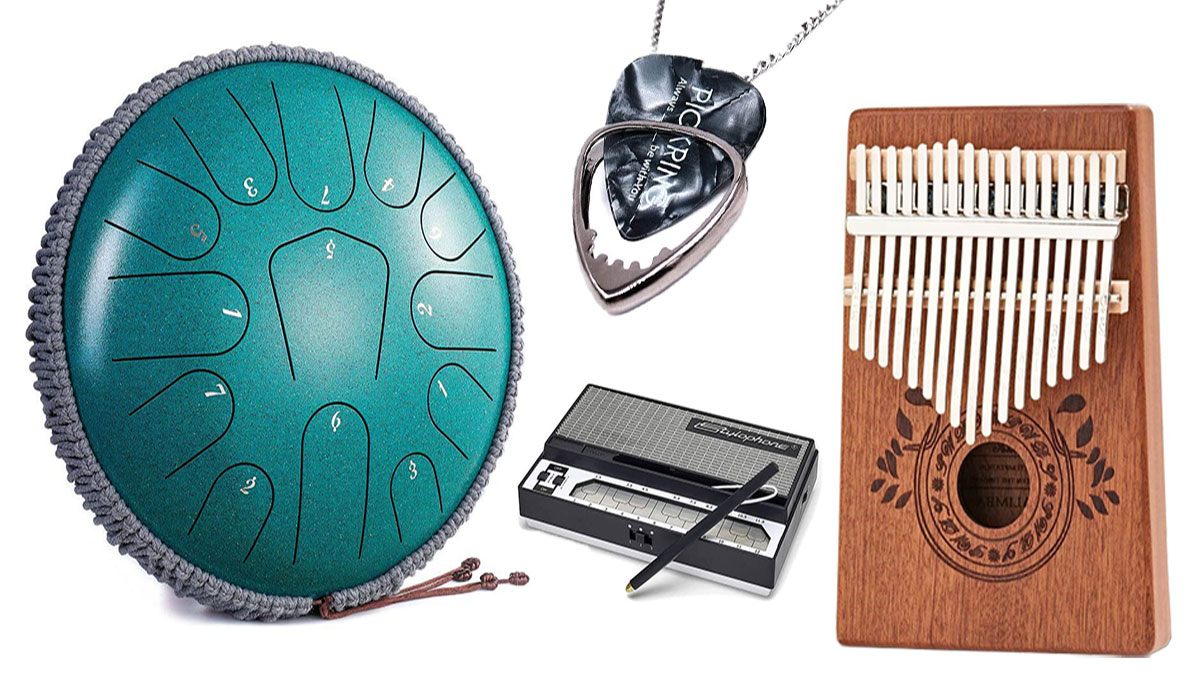 Cool unique gifts musicians like are displayed in the featured image and some of them are a handpan drum, a kalimba, a guitar pick holder necklace and a stylophone.