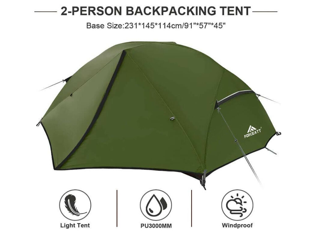 A 2 person green backpacking tent is displayed with its dimensions and features written above and below it. It says that its base size is 231 x 145 x 114 cm or 91 x 57 x 45 inches. It also says that its a light tent made with pu3000mm waterproof standard and windproof.