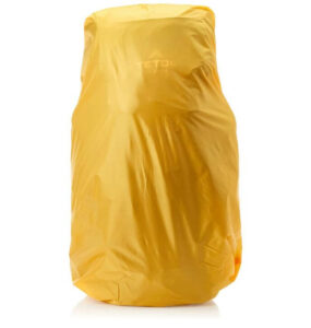 The yellow rain protector coat of Teton sports backpack is covering the bag.
