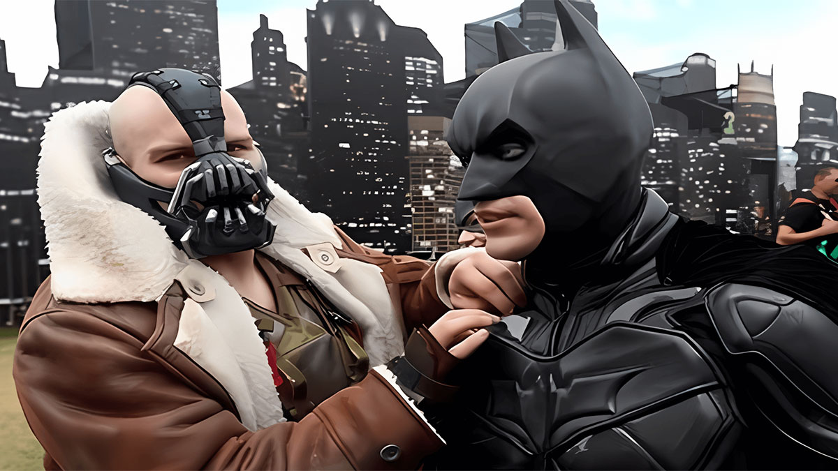 Tom Hardy Bane Jacket Sale article feature image consists of Bane and Batman hanging out in front of a miniature Gotham city and having some good time