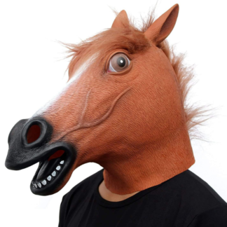 A hand painted horse mask is worn by a person.