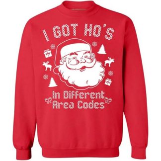 A funny Christmas sweater on which the words "I Got Ho's in different area codes" are knitted around a Santa Claus image