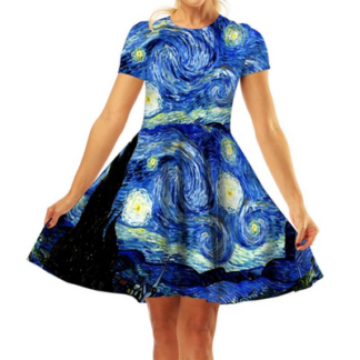 A woman wearing a dress with Van Gogh's Starry Night painting printed on it
